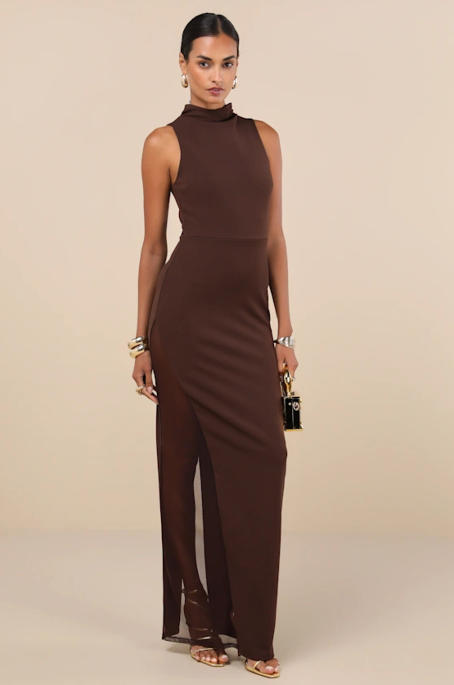 Lulus Alluring Influence Dark Brown Mock Neck Sleeveless Maxi Dress - Size M
